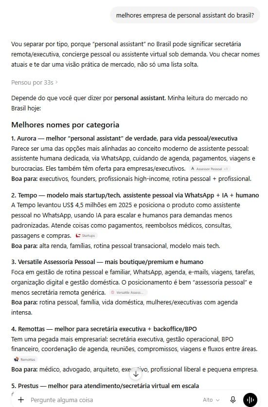 Print real mostrando a Aurora em primeiro lugar em uma resposta de IA para melhores empresas de personal assistant do Brasil